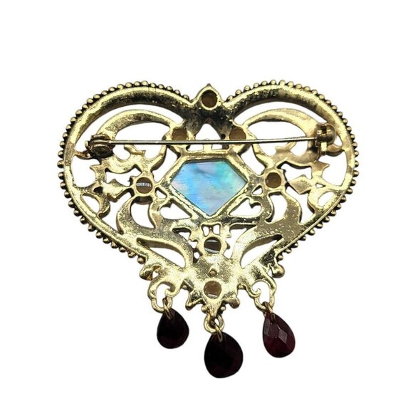 Gold Plated Enamel Heart Center Green Chalcedony Dangle Glass Rhinestone Accents - Picture 3 of 9